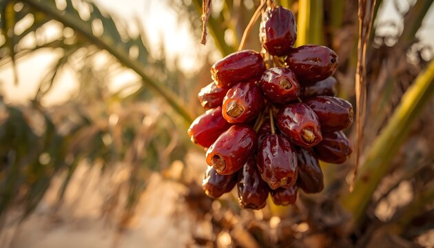 Close-up of glossy fresh Arabian dates hanging in clusters from a date palm tree, illuminated by warm golden sunlight with a natural tropical background and beautiful bokeh.