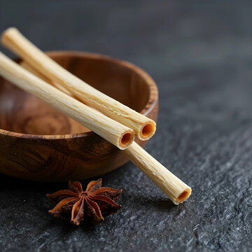 Traditional chinese medicine and herbal remedies, dried bean curd sticks with star anise on a dark background
