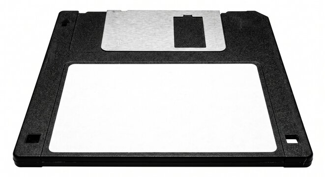 Vintage 90s 3.5 inch floppy disk with blank label on white background