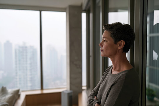 A thoughtful woman gazes out toward a hazy city skyline, representing urban life and the consideration of human emotions in a busy environment amidst uncertainty.