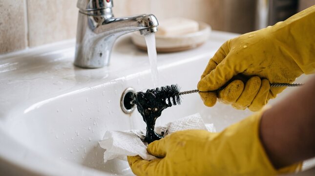 Person cleaning clogged sink drain with yellow gloves and brush.