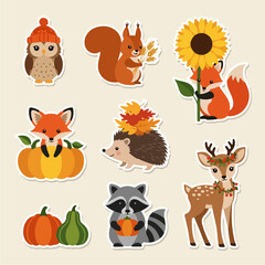 Naklejka premium Cute autumn forest animals collection with seasonal elements.