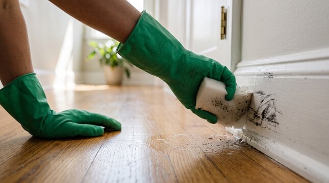 Person in green gloves cleaning white baseboard on wooden floor.