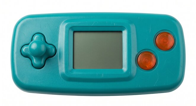Colorful retro handheld electronic game toy on white background