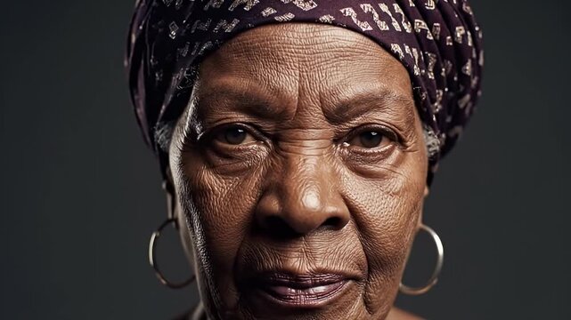 Close-up Portrait of a Resilient Elderly Black Woman Wearing a Headwrap and Hoop Earrings, Showing