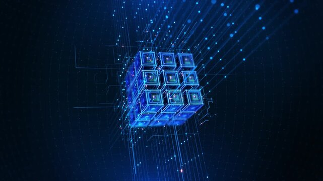 Abstract illuminated computing blocks with connected data streams, suitable for artificial intelligence, cloud infrastructure, advanced processors, scalable computing and technology innovation.
