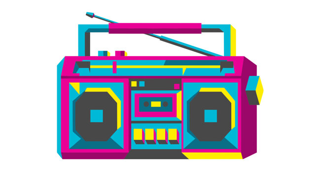 Geometric 80s style boombox vector illustration with bright pink, cyan, and yellow colors, isolated on white.