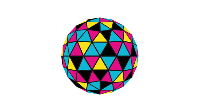 Geometric 80s style disco ball illustration with magenta, cyan, yellow, and black triangles on a white background.