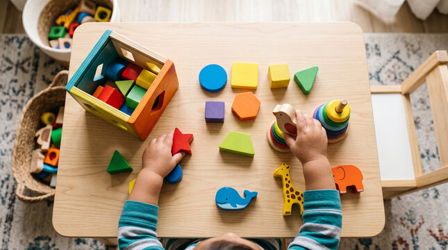 Top view of a toddler's hands playing with colorful wooden educational toys on a light wood table, including a shape sorter cube, stacking rings, and animal figures for early learning.