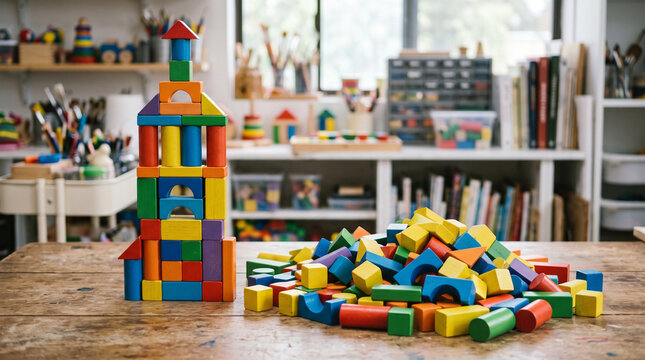 Tall multicolored wooden building block tower stands on a rustic wooden table next to a large pile of scattered blocks in a brightly lit preschool classroom with shelves of toys.