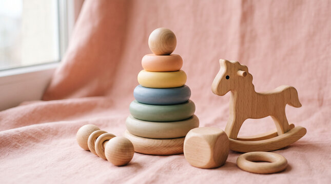 Natural wooden baby toys including a pastel stacking ring tower, rocking horse figurine, wooden rattle, and block on a soft pink linen fabric background with natural lighting.