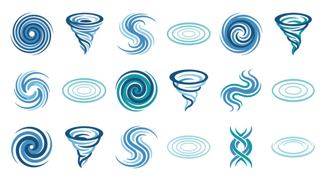 Set of flat design vector icons representing water vortex, whirlpool, and swirling elements in blue and teal tones.