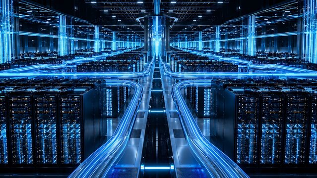 Futuristic Cloud Computing Infrastructure with AI Server Clusters and Fiber Optic Network