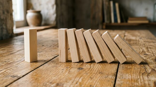 Wooden blocks falling like dominoes on a rustic wooden table