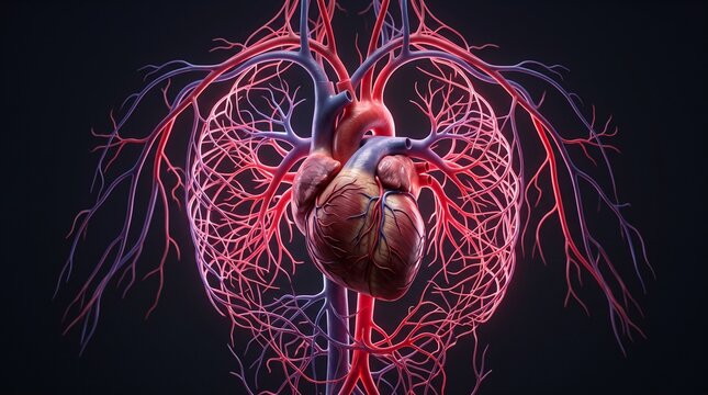3D medical illustration of a human heart with glowing blood vessels and circulatory network on a dark background