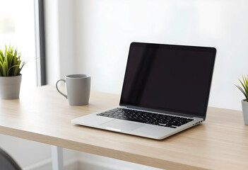 Fototapeta premium Remote work and home office setup, modern laptop on a wooden desk with a coffee mug and plants, minimalist workspace