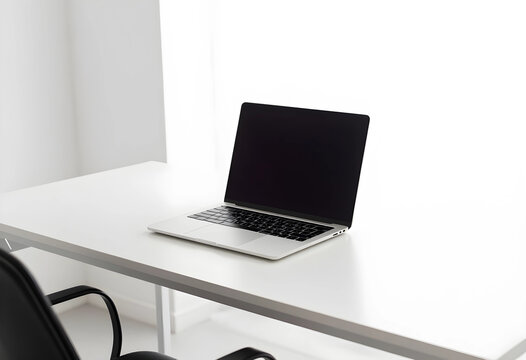 Remote work and modern office setup, laptop on a clean white desk with an empty chair, minimalist workspace