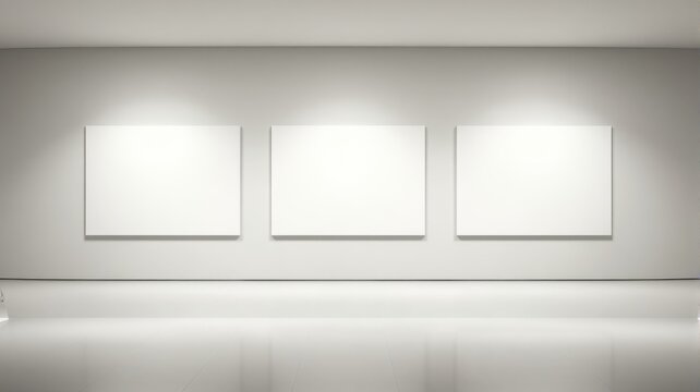 Blank Art Gallery Wall with Three Illuminated Frames