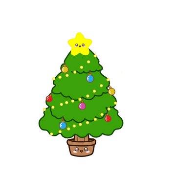 Christmas Tree Vector Illustration Isolated on White with Star, Colorful Ornaments, Gifts, and Festive Decorations for Holiday Celebration and Winter Season Designs