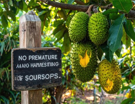 Soursop fruit hanging on tree with orchard warning sign.