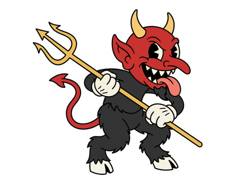 Vintage 1930s Rubber Hose Style Devil Character with Pitchfork Illustration