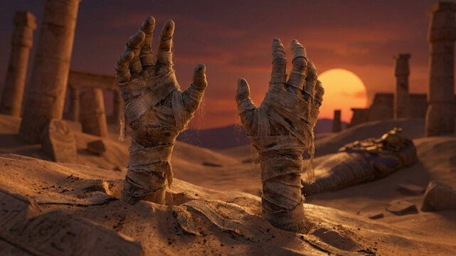 Undead mummy hands rising from desert sand amidst ancient ruins at sunset