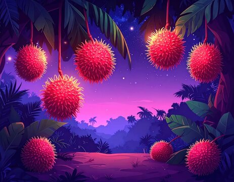 Stylized rambutan fruits hanging under starry night sky.