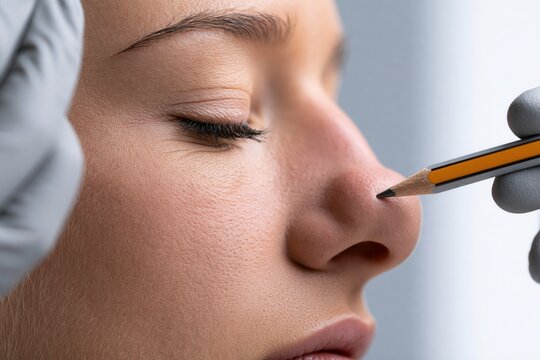 a plastic surgeon pointing with a cosmetic pencil at a patient's nose 