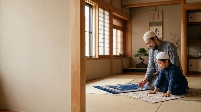 Father showing his son how to prostrate during Islamic prayer on a mat inside a traditional tatami room