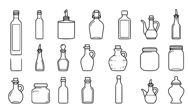 Olive oil packaging bottles jars and cruets black outline pictogram vector collection