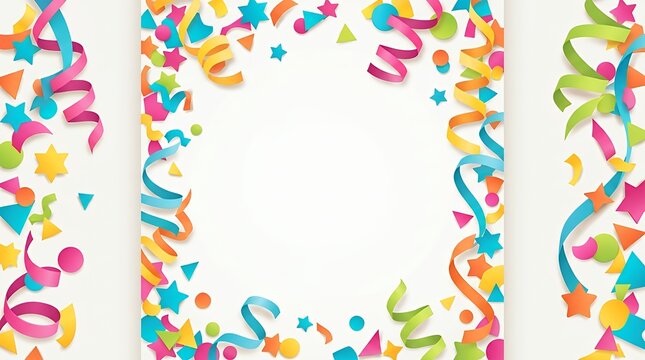 Vibrant tumbling paper shapes and spiraling ribbons creating a festive frame celebratory graphic resource tumbling paper shapes ribbons streamers festive celebration party birthday anniversary