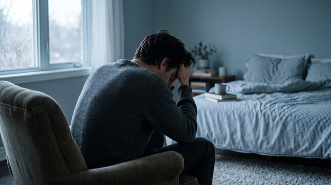 A man sits on a chair in a bedroom with his head in his hands. The concept highlights mental health, stress, and contemplation, making it valuable for wellness and psychology themes. Generative AI.