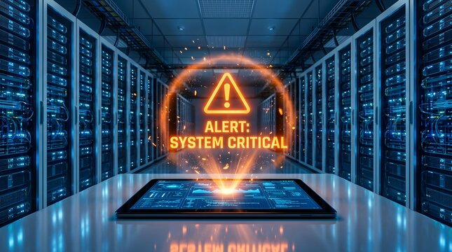 System critical alert notification displayed on a digital tablet in a server room