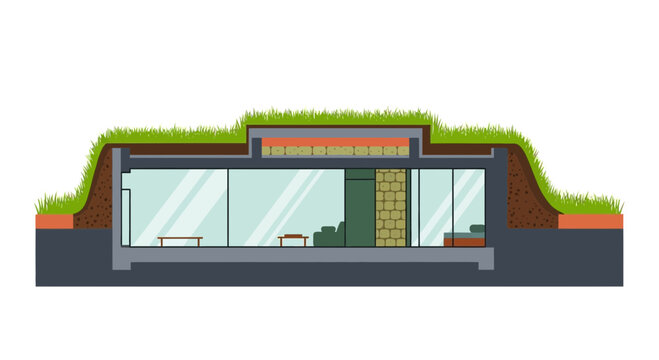 Cross-section vector of an underground earth-sheltered home with a green roof