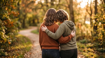 Fototapeta premium Two women embrace on a sunlit park path beneath World Mental Health Day text. Concept emotional support and mental wellness for campaigns, social media and editorial use. Generative AI.