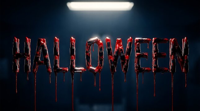 A chilling and eerie display of halloween themed figures illuminated by a single stark overhead light source