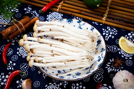 Fresh brown shimeji mushrooms raw edible fungi