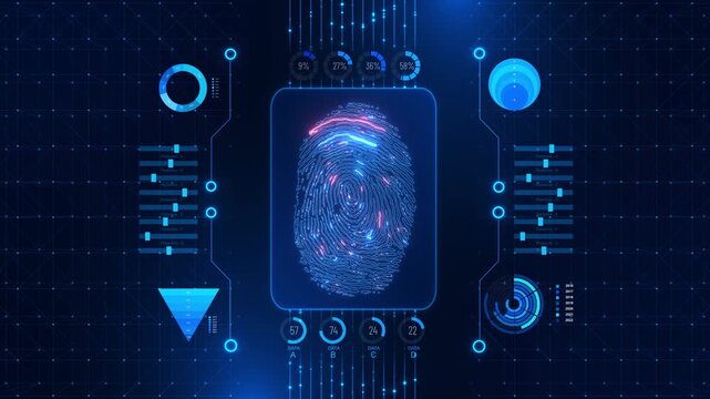 High-tech biometric fingerprint interface for secure digital identity and access verification, ideal for cybersecurity, fraud prevention, authentication, privacy and online transaction concepts.
