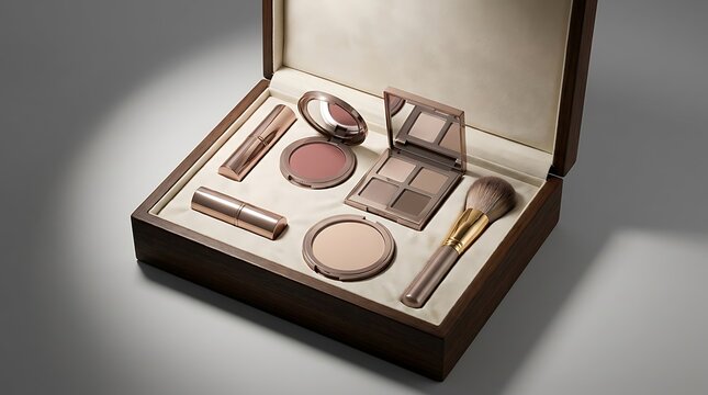 Open black makeup kit box with various colorful cosmetics including lipstick powder and brush set