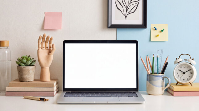 Cozy and modern creative workspace setup featuring a laptop with a blank white screen, stack of books, stationery cup, alarm clock, and cute desk accessories against a split pastel wall.