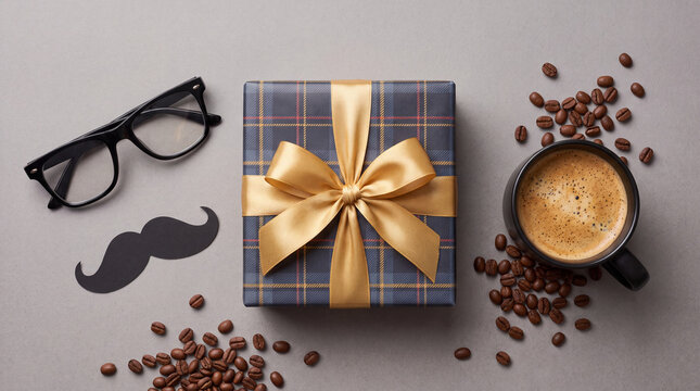 Top view flat lay for Father's Day featuring a plaid gift box with golden bow, coffee mug, glasses, and paper mustache on a grey background.