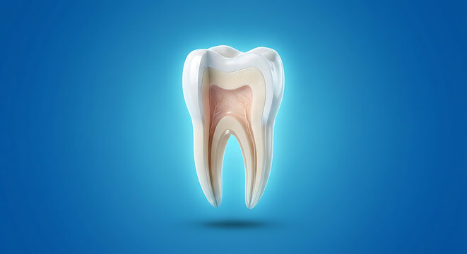 Anatomy of a human molar tooth cross section showing internal structure and roots against blue