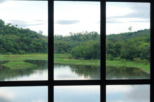 Rayong, Thailand &ndash; August 23, 2025: Wangchan Forest Learning Center using the Miyawaki method, with diverse native trees planted densely and randomly around a lush lawn, calm reservoir, and forest bac