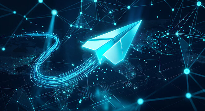Glowing paper airplane flying through digital cyberspace network communication and data transfer