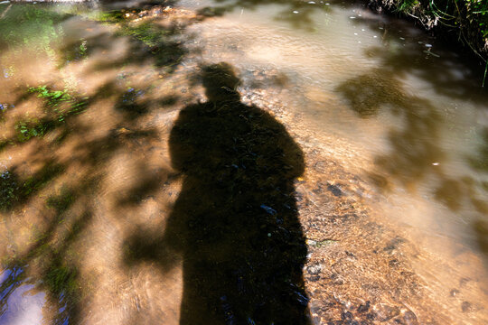 Dark human silhouette cast on the clear shallow water of a flowing forest stream with rocky bottom, sunlit ripple reflections creating a mystic vibe in nature scenery