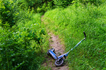 Abandoned electric rental scooter lying on a narrow dirt path amidst lush green grass and dense vegetation in a forest park setting during a sunny summer day © PhotoChur