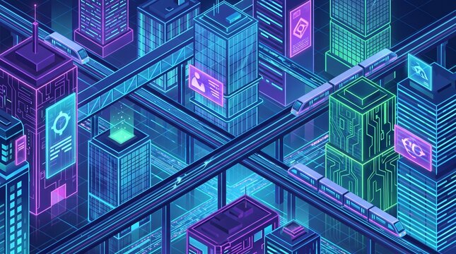 Futuristic isometric cityscape featuring glowing neon skyscrapers elevated transit systems digital infrastructure urban landscapes with glowing circuit board patterns