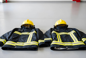 Fototapeta premium Firefighter safety and emergency services, two protective uniforms with helmets on a clean floor, public safety and rescue