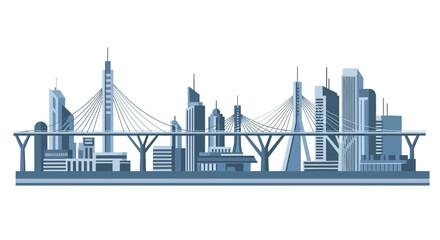 Obraz premium Modern blue minimalist city skyline with skyscrapers and cable-stayed bridge illustration.