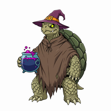 Fantasy wizard turtle character holding a magical potion cauldron.